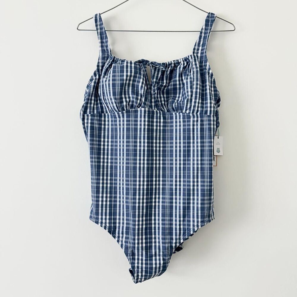 Kona Sol NWT Blue White Gingham Plaid Tunnel One Piece Swimsuit High Coverage L